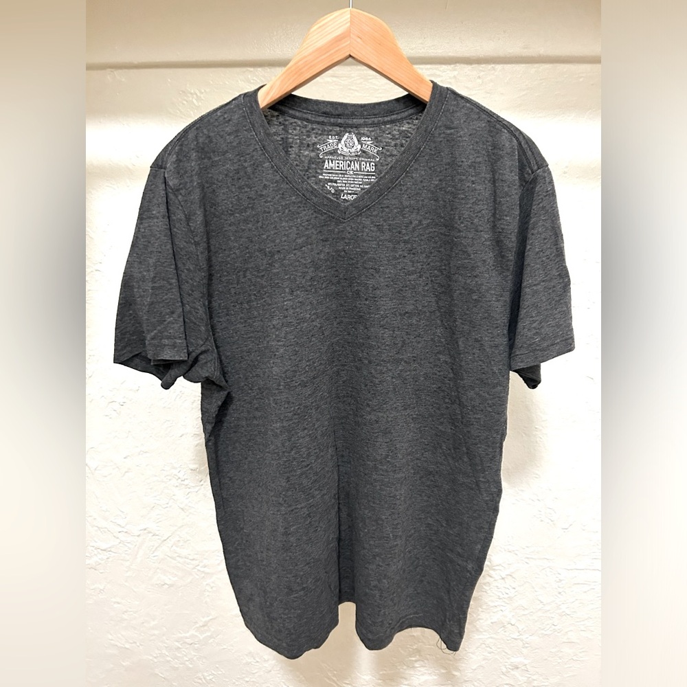 American Rag Cie heather grey v-neck t-shirt, size L. Stretch polyester blend.
